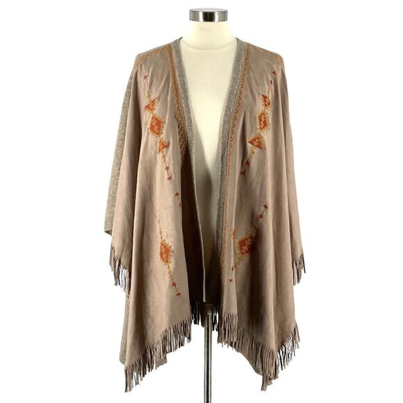 Free Minds Embroidered Faux Suede Wool Blend Fringed Poncho Cape Wrap Shawl Tan - Picture 1 of 11